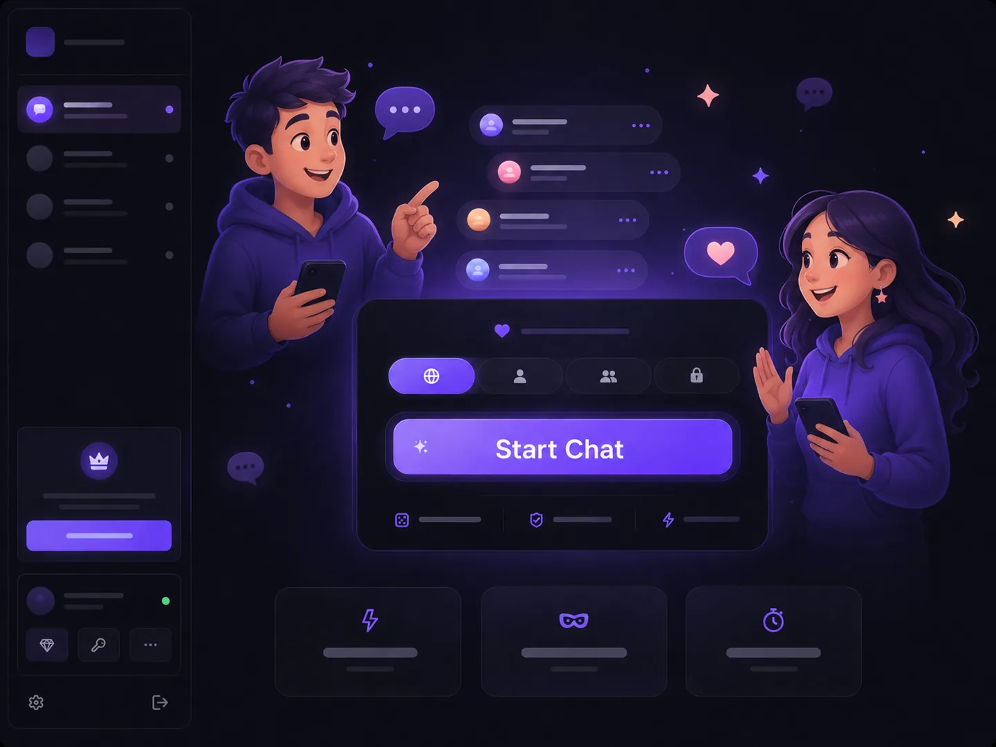 Two people starting an anonymous random chat with a stranger on StrangerChat